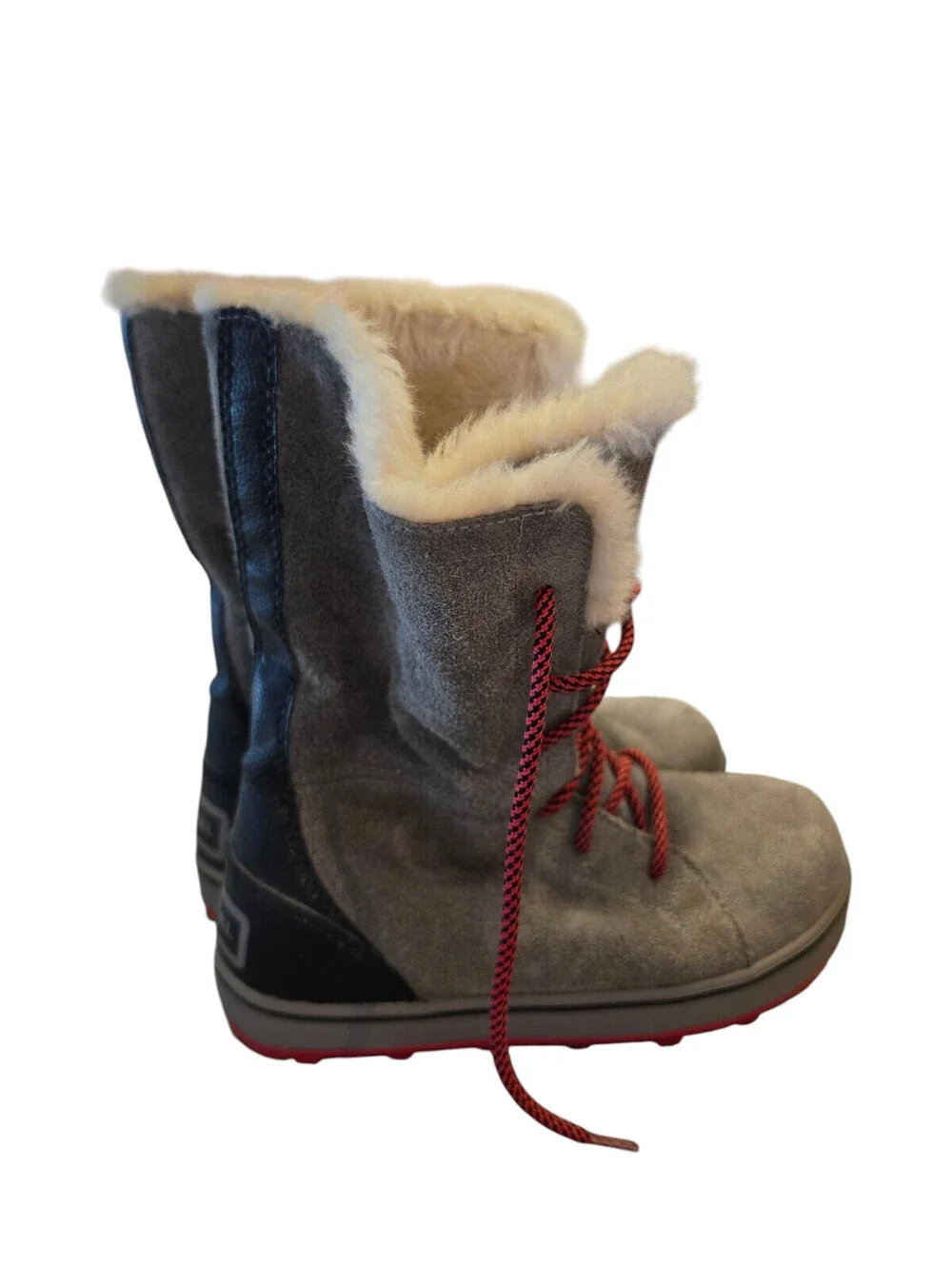 Sorel Women's Sz 7.5 Glacy Lace Snow Boots Gray Suede w/ Red Laces